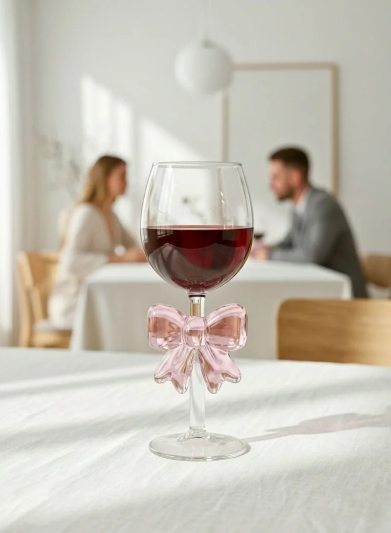 1Chase  Borosilicate Goblet Wine Glass with Pink Bow, 350ML Elegant Decorative Wine Glass, Heat Resistant Glassware for Red & White Wine, Parties & Gifting (1 Piece)  | Best Price UAE